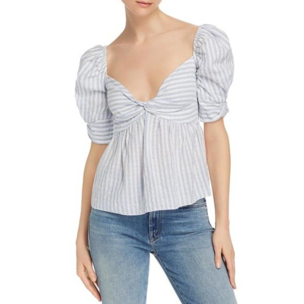 Saylor Blue‎ White Striped Puff Sleeve Smocked Peplum Top Sweetheart Neckline M